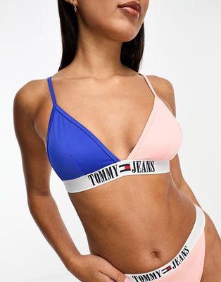 Tommy Jeans archive color block triangle bikini top in ultra blue and pink-Multi