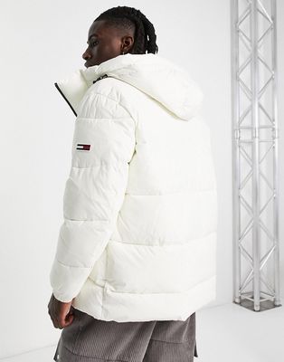Tommy Jeans asymmetric zip hooded puffer jacket in off-white