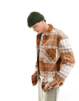 Tommy Jeans brushed check logo overshirt in khaki-Green