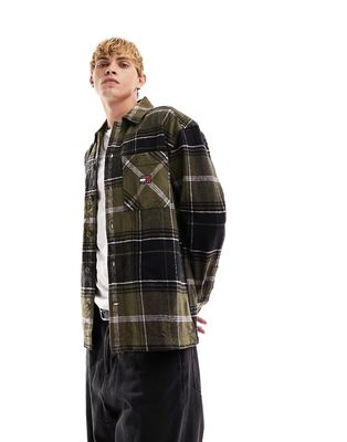 Tommy Jeans brushed check logo overshirt in olive green