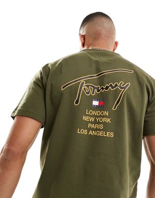 Tommy Jeans classic gold signature back logo t-shirt in olive green