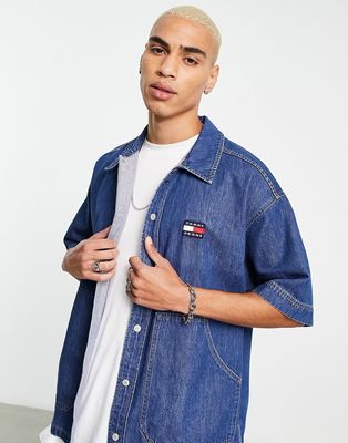Tommy Jeans cotton blend denim worker short sleve shirt in blue