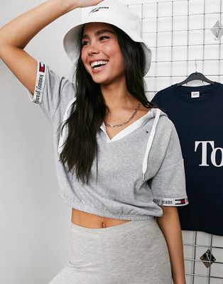 Tommy Jeans cropped short sleeved hoodie in gray