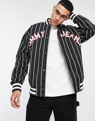 Tommy Jeans essential logo pinstripe bomber jacket in black