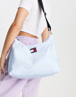 Tommy Jeans flag logo nylon large shoulder bag in light blue