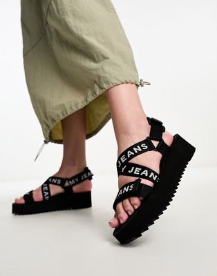 Tommy Jeans flatform taping strap sandals in black