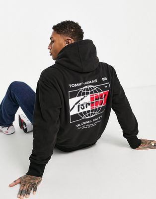 Tommy Jeans globe back print polar fleece hoodie relaxed fit in black