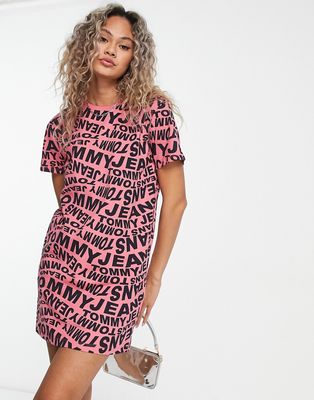 Tommy Jeans graphic logo mini tee dress in pink multi-Navy