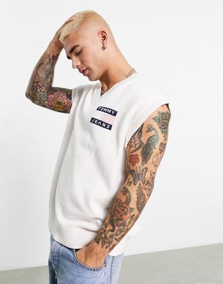 Tommy Jeans knitted vest with flag logo in white