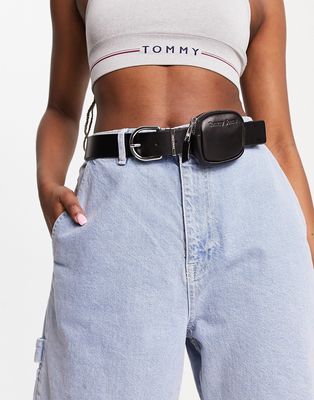 Tommy Jeans leather zip pouch belt in black