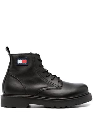 Tommy Jeans logo-patch lace-up leather boots - Black