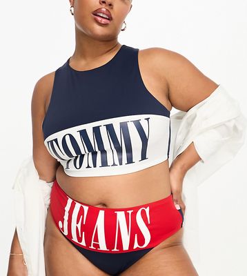 Tommy Jeans Plus archive high neck crop bikini top in navy and red-Multi