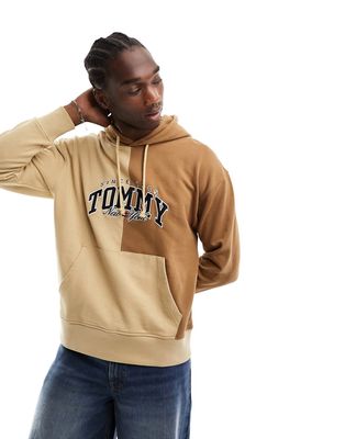 Tommy Jeans relaxed varsity two tone hoodie in sand-Neutral