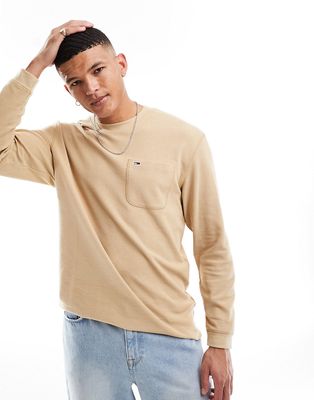 Tommy Jeans relaxed waffle knit long sleeve t-shirt in sand-Neutral