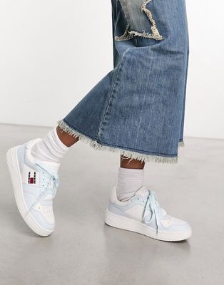 Tommy Jeans retro basket leather sneakers in light blue