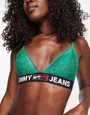 Tommy Jeans signature lace unlined triangle bralette in green