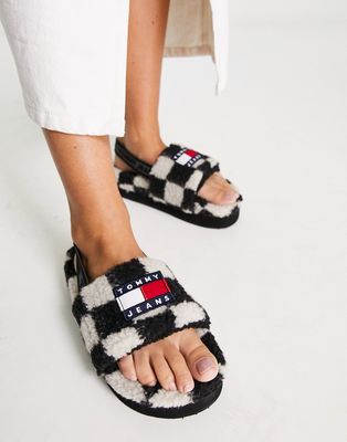 Tommy Jeans slippers in checkerboard print-Black