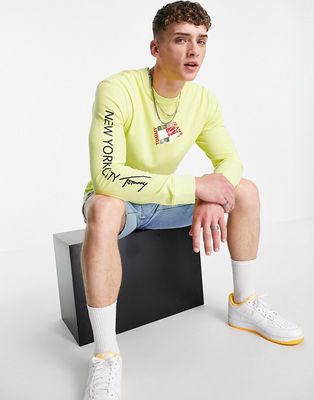 Tommy Jeans small flag central box and arm logo long sleeve top in faded lime green