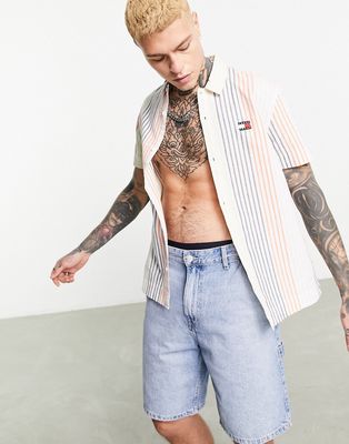 Tommy Jeans stripe short sleeve linen shirt in multi