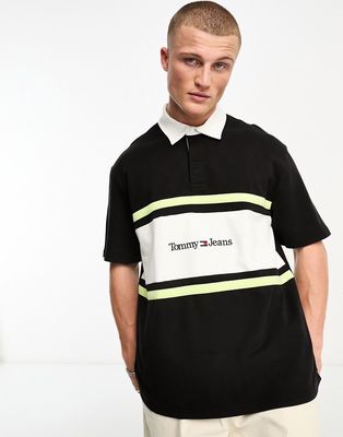 Tommy Jeans vertical stripe logo polo shirt in black
