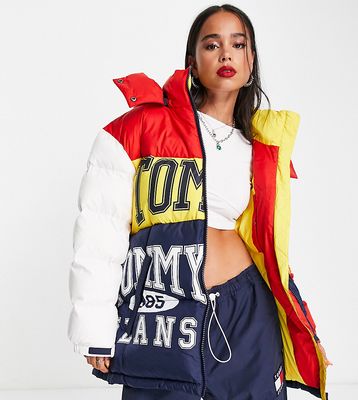 Tommy Jeans x ASOS exclusive splice logo oversized down fill puffer jacket in multi