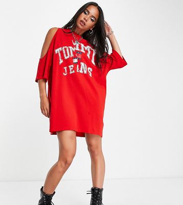 Tommy Jeans x ASOS exclusive varsity logo cold shoulder t-shirt dress in red