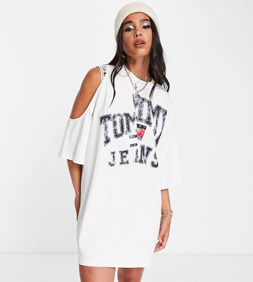 Tommy Jeans x ASOS exclusive varsity logo cold shoulder t-shirt dress in white