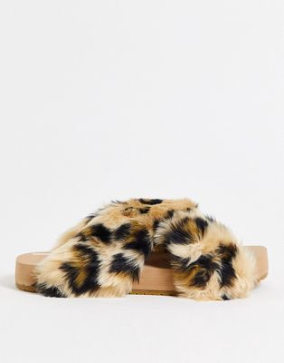 TOMS Susie cross strap faux fur slippers in leopard-Multi