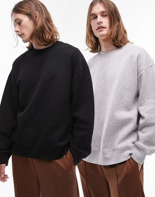 Topman 2 pack oversized sweatshirt in black and gray heather-Multi