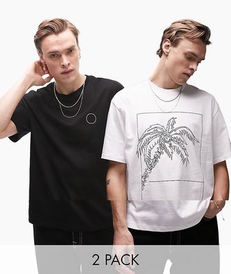 Topman 2 pack oversized t-shirt with palm and cactus print in multi