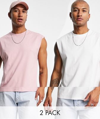 Topman 2 pack oversized tank top in white and pink-Multi