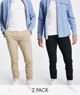 Topman 2 pack skinny chino pants in black and stone-Multi