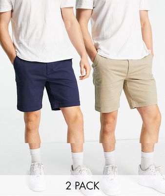 Topman 2 pack slim chino shorts in navy and stone-Multi