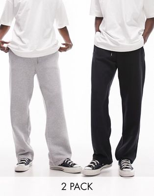 Topman 2 pack straight leg sweatpants in black and gray heather-Multi