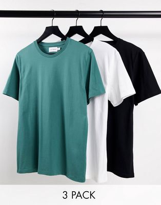 Topman 3 pack cotton classic T-shirts in white, black and green - MULTI