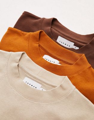 Topman 3 pack oversized fit t-shirt in stone, brown and rust-Multi