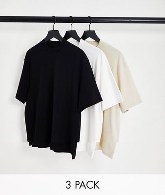 Topman 3 pack oversized t-shirt in black, white and stone-Multi