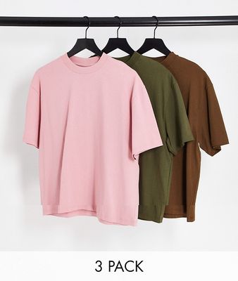 Topman 3 pack oversized t-shirt in brown, bright khaki and pink-Multi