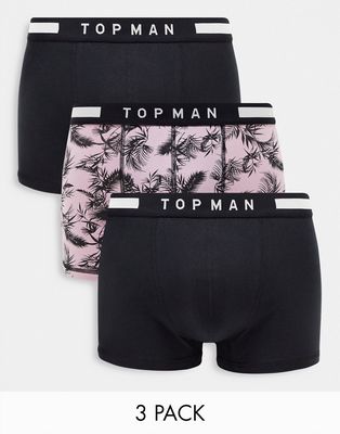 Topman 3 pack trunks in black and palm print with black waistbands-Multi