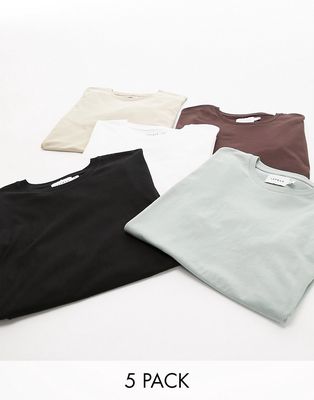 Topman 5 pack classic fit T-shirt in black, white, brown, stone and sage-Multi