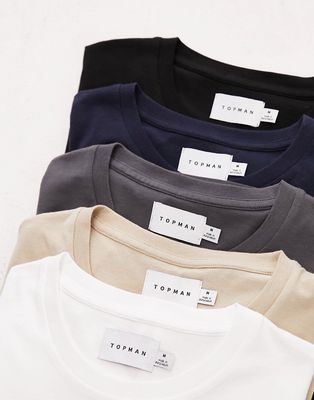 Topman 5 pack classic fit t-shirt in black, white, gray, stone and navy-Multi