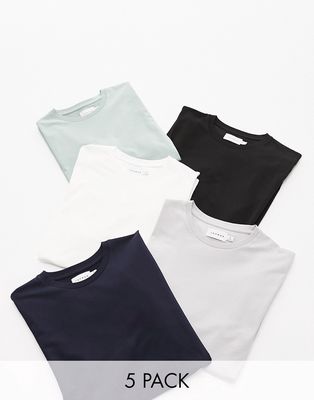 Topman 5 pack classic fit t-shirt in black, white, navy, gray and sage-Multi