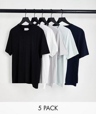 Topman 5 pack classic t-shirt in white, black, gray, light blue and navy - MULTI
