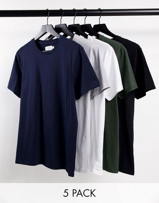 Topman 5 pack cotton classic T-shirt in white, black, gray, khaki and navy - MULTI