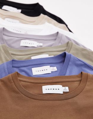 Topman 7 pack classic fit T-shirt in black, white, gray, stone, blue, brown and khaki-Multi