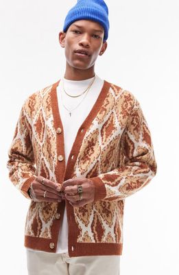 Topman Abstract Print Cardigan in White/Light Chestnut