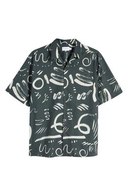 Topman Abstract Print Short Sleeve Button-Up Camp Shirt in Dark Green