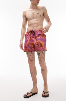 Topman Abstract Print Swim Trunks in Purple Multi