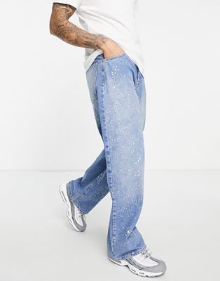 Topman baggy extreme paint splat jeans in mid wash blue-Blues