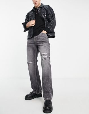 Topman baggy rip and repair jeans in washed black